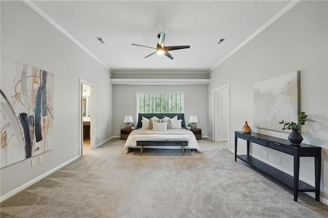7407 W 145th Ter, Overland Park, KS 66223 - bedroom with ornamental molding, carpet, baseboards, a ceiling fan, and connected bathroom