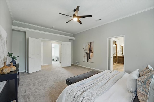 7407 W 145th Ter, Overland Park, KS 66223 - bedroom featuring light colored carpet, ornamental molding, baseboards, ensuite bath, and a ceiling fan
