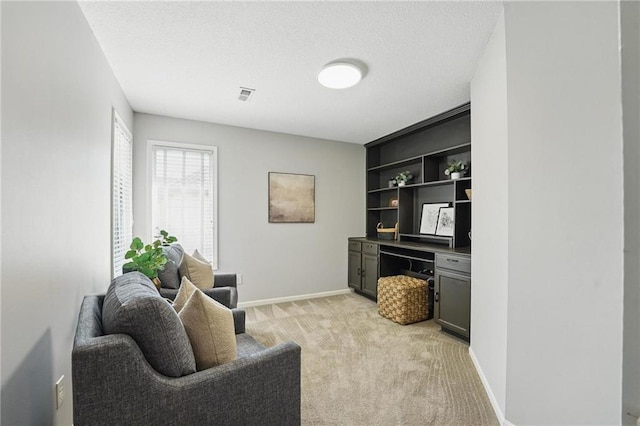 7407 W 145th Ter, Overland Park, KS 66223 - home office with light carpet, a textured ceiling, baseboards, and built in features