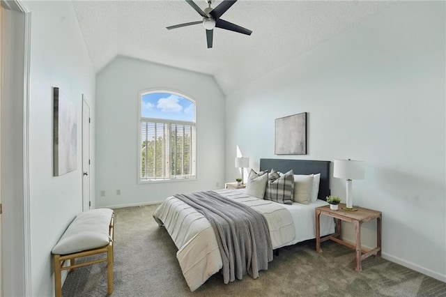 7407 W 145th Ter, Overland Park, KS 66223 - bedroom featuring a textured ceiling, carpet flooring, vaulted ceiling, baseboards, and a ceiling fan
