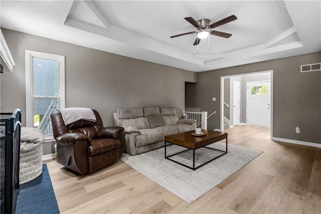 1728 SE 7th Ter, Lees Summit, MO 64063 - living room featuring a raised ceiling, light wood-style flooring, a ceiling fan, and baseboards