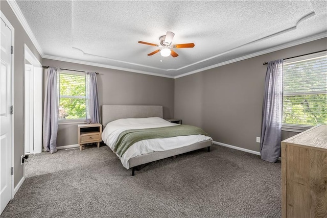 1728 SE 7th Ter, Lees Summit, MO 64063 - carpeted bedroom with crown molding, a textured ceiling, ceiling fan, and baseboards