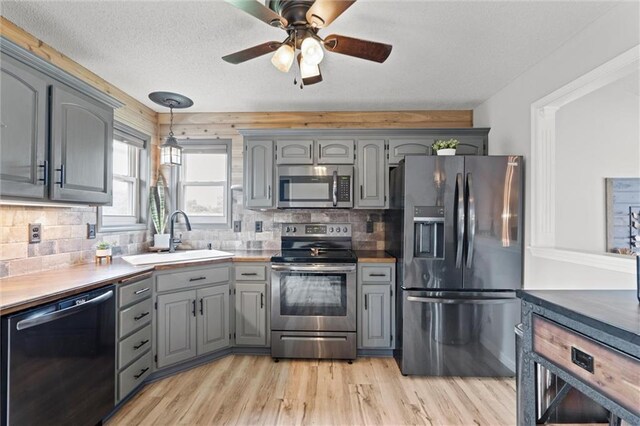 8801 NE 116th St, Kansas City, MO 64157 - kitchen featuring appliances with stainless steel finishes, gray cabinetry, tasteful backsplash, a ceiling fan, and a textured ceiling