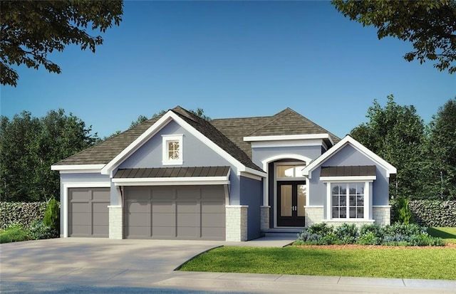 3248 W 133rd Ter, Leawood, KS 66209 - view of front of home with an attached garage, concrete driveway, a standing seam roof, stone siding, and a front yard