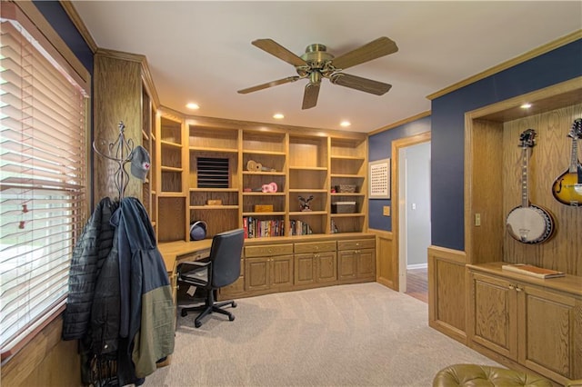 601 NW 41st St, Kansas City, MO 64116 - office space with a ceiling fan, carpet flooring, recessed lighting, and ornamental molding