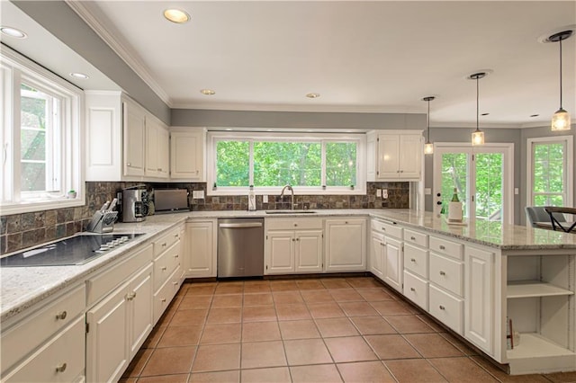 601 NW 41st St, Kansas City, MO 64116 - kitchen with dishwasher, black electric cooktop, a sink, healthy amount of natural light, and crown molding