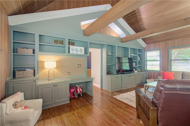 601 NW 41st St, Kansas City, MO 64116 - living area with light wood-style floors, built in features, wooden ceiling, and wooden walls