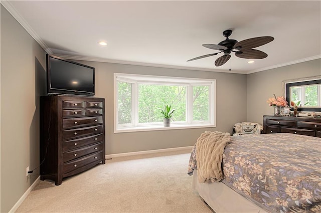 601 NW 41st St, Kansas City, MO 64116 - bedroom featuring ornamental molding, light carpet, baseboards, recessed lighting, and a ceiling fan