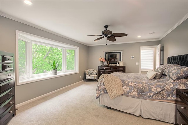 601 NW 41st St, Kansas City, MO 64116 - bedroom featuring ornamental molding, carpet, baseboards, recessed lighting, and ceiling fan
