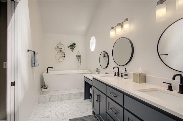 601 NW 41st St, Kansas City, MO 64116 - bathroom featuring double vanity, a soaking tub, lofted ceiling, and baseboards
