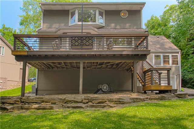 601 NW 41st St, Kansas City, MO 64116 - rear view of house featuring a wooden deck, stairway, roof with shingles, and a yard