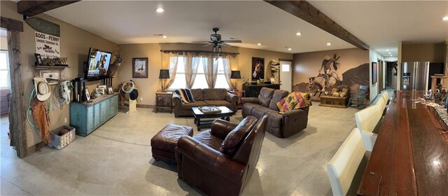 25332 E 250th Ave, Ridgeway, MO 64481 - living room featuring recessed lighting, ceiling fan, and beamed ceiling