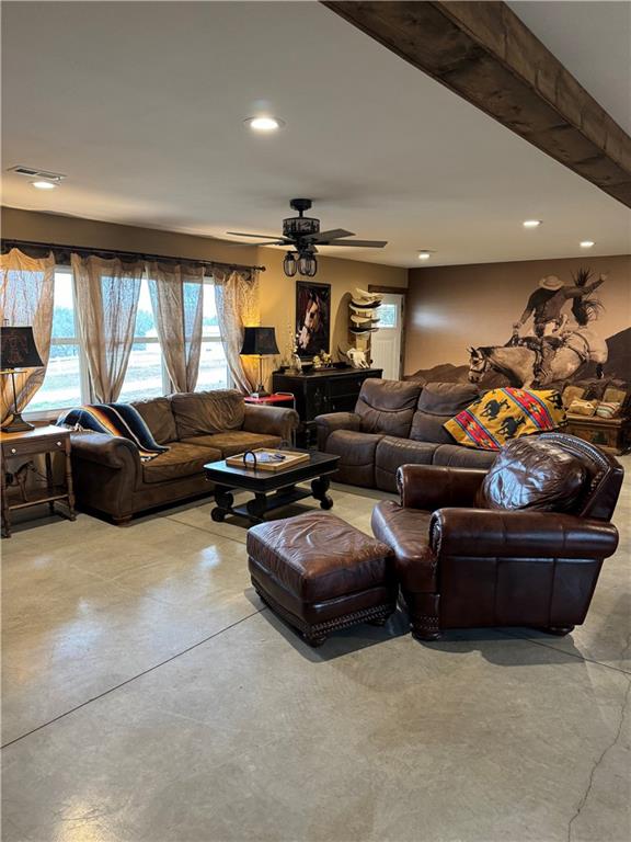 25332 E 250th Ave, Ridgeway, MO 64481 - living area featuring recessed lighting, ceiling fan, and concrete flooring