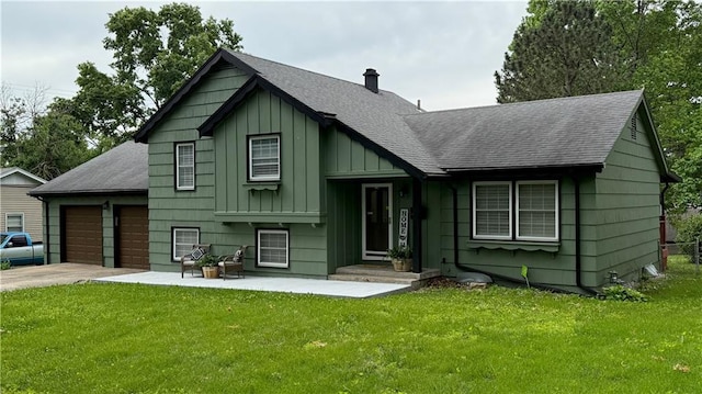 12909 E 40th St S, Independence, MO 64055 - view of front facade featuring roof with shingles, board and batten siding, a front lawn, and a chimney