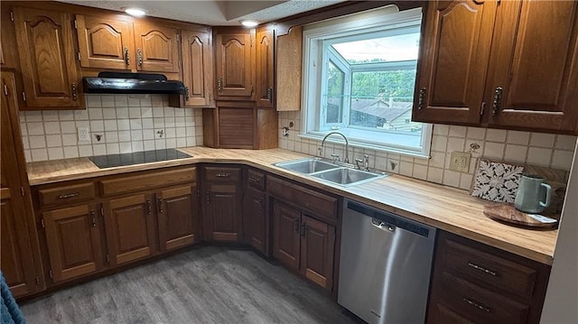 12909 E 40th St S, Independence, MO 64055 - kitchen with dishwasher, a sink, black electric stovetop, exhaust hood, and dark wood finished floors