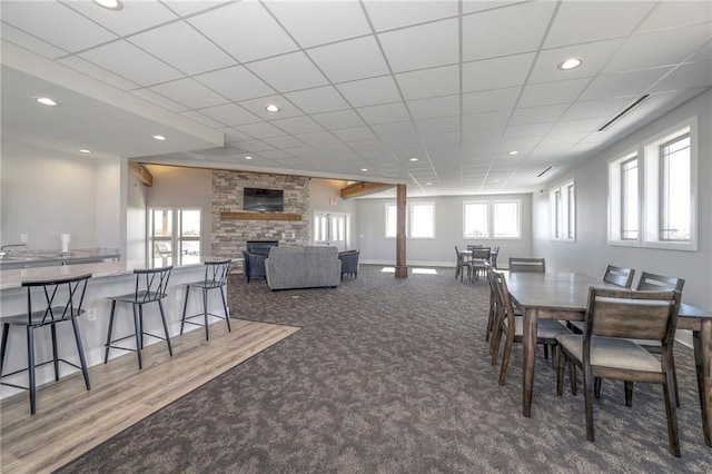 15443 W 171st Pl, Olathe, KS 66062 - carpeted dining space featuring recessed lighting and a stone fireplace