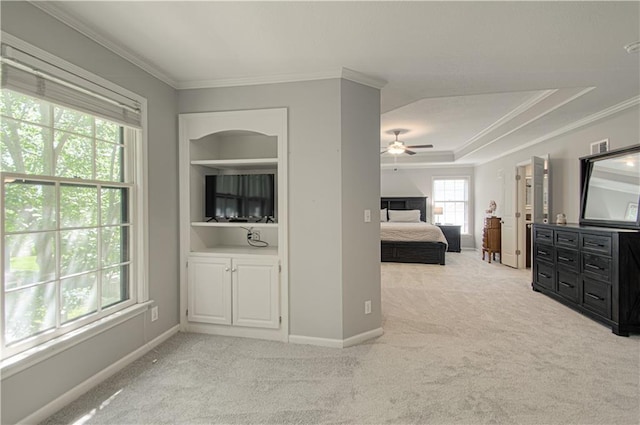 13125 Sherwood St, Leawood, KS 66209 - bedroom featuring crown molding, light carpet, and a ceiling fan
