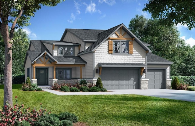 8009 Round Prairie St, Shawnee, KS 66220 - view of front facade featuring stone siding, a front yard, driveway, and a shingled roof