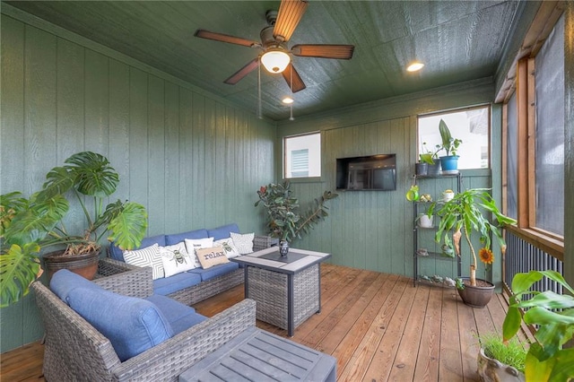 17304 S Schweiger Dr, Olathe, KS 66062 - wooden deck featuring an outdoor living space and ceiling fan