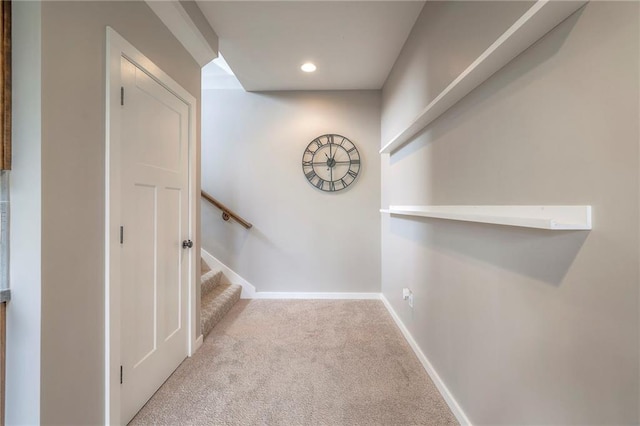 17304 S Schweiger Dr, Olathe, KS 66062 - hallway featuring carpet flooring, baseboards, stairway, and recessed lighting