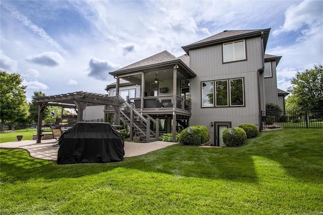 17224 Haskins St, Overland Park, KS 66062 - rear view of house featuring a pergola, a patio area, a ceiling fan, stairs, and a deck