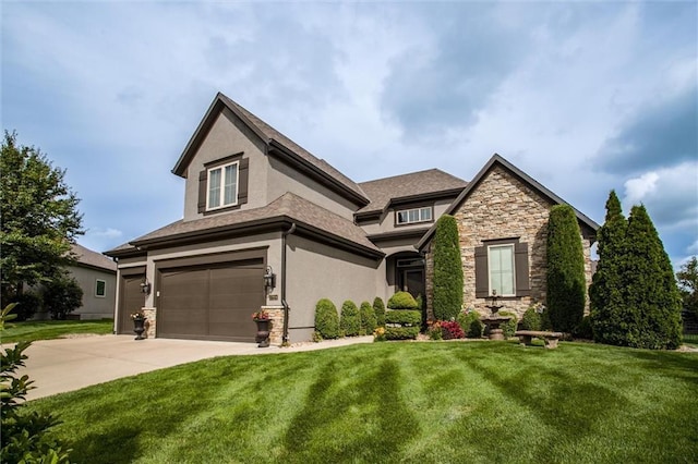 17224 Haskins St, Overland Park, KS 66062 - craftsman-style house featuring stone siding, stucco siding, a front lawn, a garage, and concrete driveway