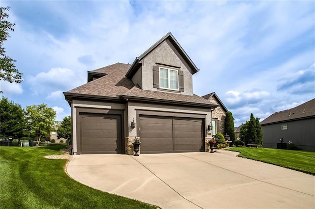 17224 Haskins St, Overland Park, KS 66062 - view of front of property featuring stucco siding, a front yard, roof with shingles, and stone siding