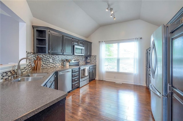 23600 W 59th St, Shawnee, KS 66226 - kitchen featuring stainless steel appliances, vaulted ceiling, a sink, open shelves, and dark wood-style floors
