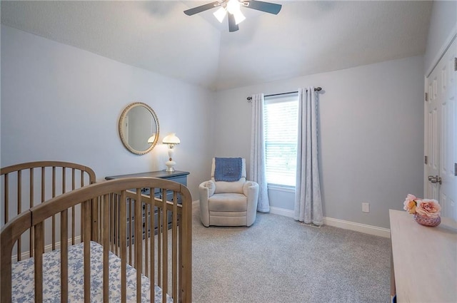 23600 W 59th St, Shawnee, KS 66226 - bedroom with carpet, baseboards, a nursery area, vaulted ceiling, and a ceiling fan
