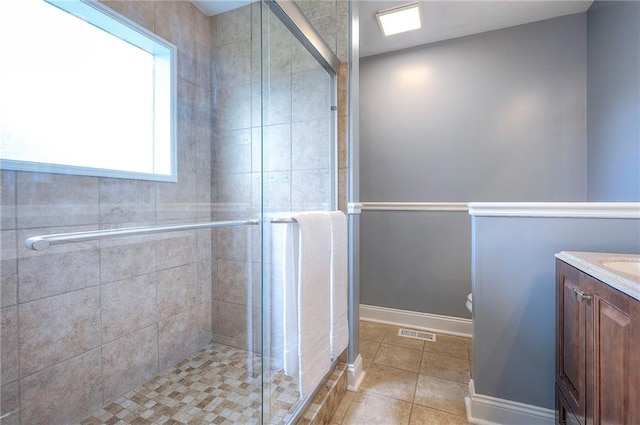 23600 W 59th St, Shawnee, KS 66226 - bathroom with a stall shower, toilet, vanity, and tile patterned floors