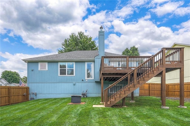 23600 W 59th St, Shawnee, KS 66226 - rear view of house featuring stairs, a deck, roof with shingles, and a chimney