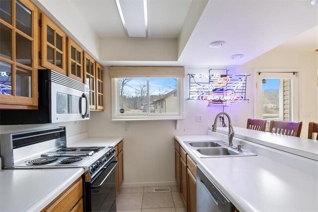 1145 Camp Branch Rd, Sunrise Beach, MO 65079 - kitchen featuring appliances with stainless steel finishes, brown cabinetry, a sink, and light countertops
