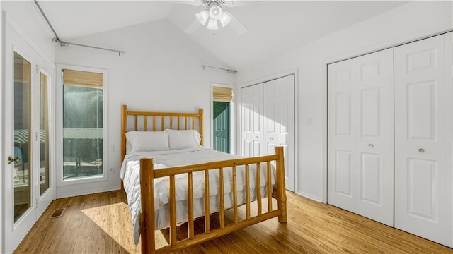 1145 Camp Branch Rd, Sunrise Beach, MO 65079 - bedroom featuring lofted ceiling, multiple closets, multiple windows, and wood finished floors