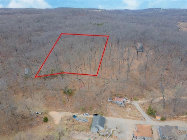 1145 Camp Branch Rd, Sunrise Beach, MO 65079 - aerial view of property and surrounding area with property parcel outlined and a forest