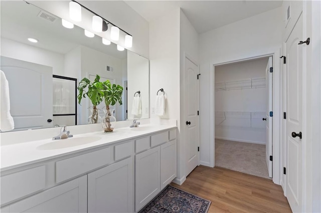 27101 E Oak View Dr, Lees Summit, MO 64086 - bathroom with double vanity, wood finished floors, a spacious closet, and an enclosed shower