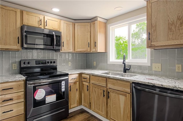 5539 NW Adrian Ave, Houston Lake, MO 64151 - kitchen with stainless steel appliances, light stone countertops, healthy amount of natural light, and tasteful backsplash