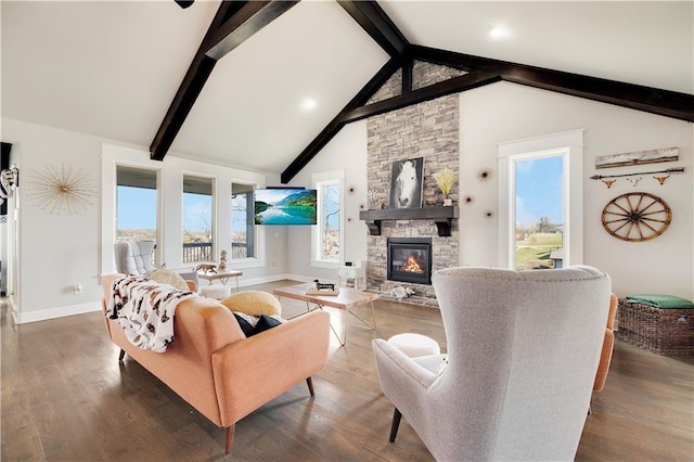 905 SE Wood Ridge Ct, Blue Springs, MO 64014 - living room with a stone fireplace, wood finished floors, and healthy amount of natural light