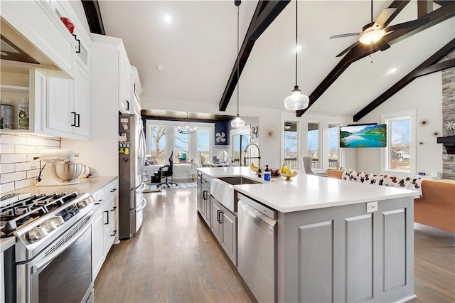 905 SE Wood Ridge Ct, Blue Springs, MO 64014 - kitchen featuring appliances with stainless steel finishes, open floor plan, wood finished floors, light countertops, and a sink
