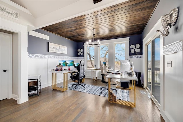 905 SE Wood Ridge Ct, Blue Springs, MO 64014 - office space with a chandelier, wood finished floors, wooden ceiling, and baseboards