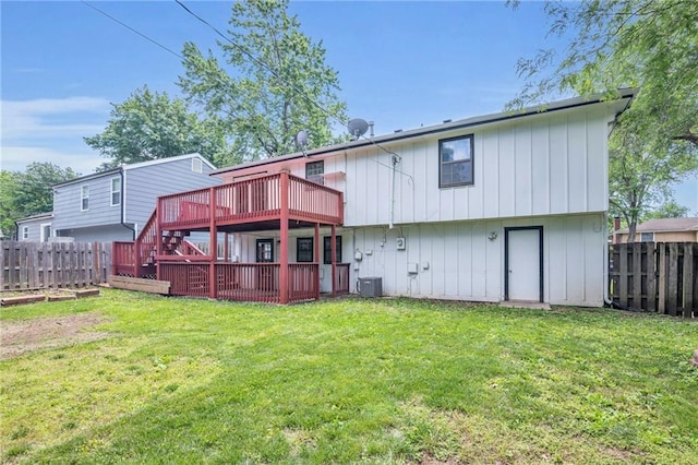 838 E 125th Ter, Olathe, KS 66061 - rear view of property featuring a deck, stairway, board and batten siding, and central AC unit