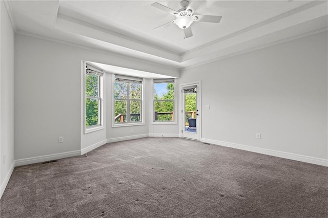 17105 Bo Cir, Tonganoxie, KS 66086 - carpeted empty room with a tray ceiling, healthy amount of natural light, ornamental molding, baseboards, and ceiling fan