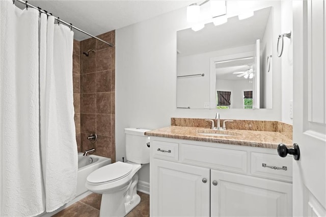 17105 Bo Cir, Tonganoxie, KS 66086 - bathroom featuring vanity, toilet, tile patterned flooring, shower / bathtub combination with curtain, and a ceiling fan