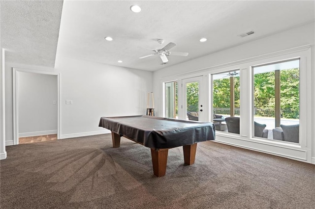 17105 Bo Cir, Tonganoxie, KS 66086 - recreation room featuring carpet floors, recessed lighting, ceiling fan, baseboards, and billiards