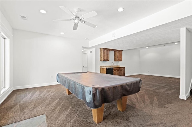 17105 Bo Cir, Tonganoxie, KS 66086 - playroom featuring carpet flooring, baseboards, recessed lighting, ceiling fan, and billiards