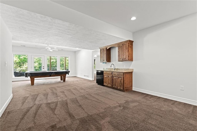17105 Bo Cir, Tonganoxie, KS 66086 - playroom featuring bar with sink, baseboards, carpet, recessed lighting, and pool table