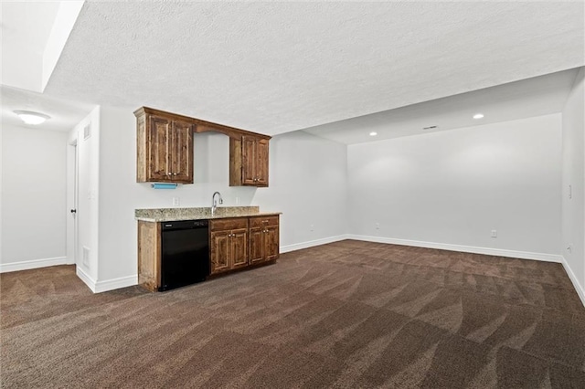 17105 Bo Cir, Tonganoxie, KS 66086 - indoor wet bar featuring black dishwasher, dark carpet, baseboards, a textured ceiling, and recessed lighting