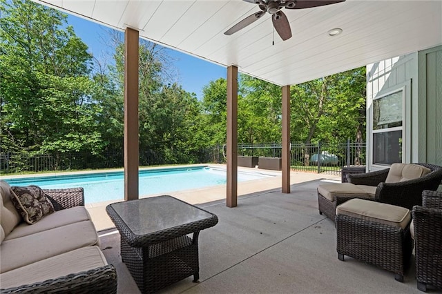 17105 Bo Cir, Tonganoxie, KS 66086 - fenced backyard featuring ceiling fan, a patio, an outdoor hangout area, and view of scattered trees