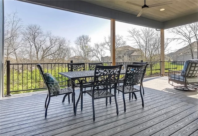 8013 Payne St, Shawnee, KS 66220 - wooden terrace with a ceiling fan and outdoor dining space