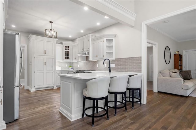 15618 Meadowbrook Ct, Raymore, MO 64083 - kitchen with freestanding refrigerator, a peninsula, dark wood-type flooring, white cabinets, and ornamental molding