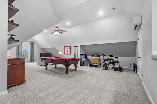 15618 Meadowbrook Ct, Raymore, MO 64083 - recreation room with carpet floors, lofted ceiling, a wall mounted air conditioner, a ceiling fan, and pool table